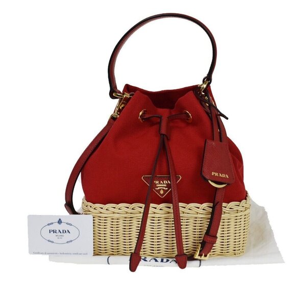 PRADA Logo Plage Wicker 2Way Shoulder Hand Bag Canvas Leather Red Gold 678RH125 - Picture 2 of 15